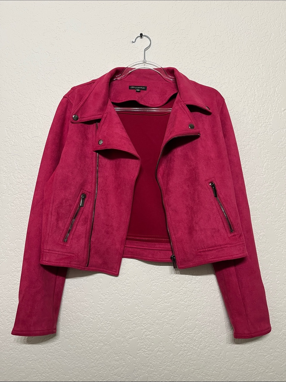 Shinestar Women’s Medium Fuchsia Biker Moto-Style Suede Jacket